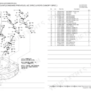 Yanmar Vio35-2C, Vio35-2P, Vio35F-2C, Vio35F-2P engine mount exploded view diagram and parts list table.