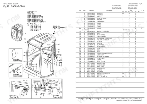 Yanmar Vio35-3 cabin body exploded view diagram and parts list for assembly components, seals, and hardware.