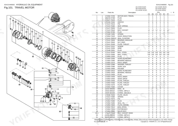 Yanmar Vio35-3 travel motor exploded view diagram and parts list with component numbers and descriptions.