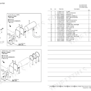 Yanmar Vio35-3 muffler exploded view diagram and parts list including silencer, glass wool, and mounting hardware.