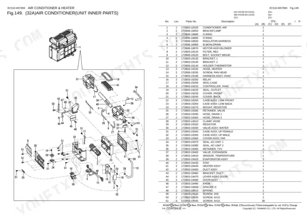 Yanmar VIO35-6A air conditioner unit inner parts exploded view diagram and corresponding parts list table.