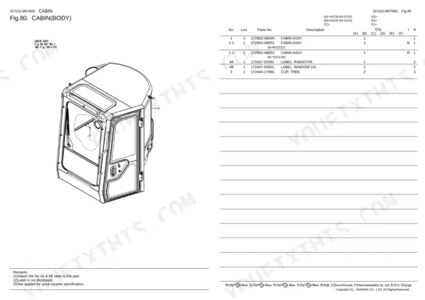 Yanmar VIO35-6A cabin body parts diagram and list, showing cabin assembly, radiator and window labels, and tree clips.