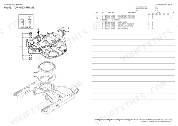 Yanmar VIO35-6A turning frame exploded view parts diagram with bush, seal, and mount assembly list.
