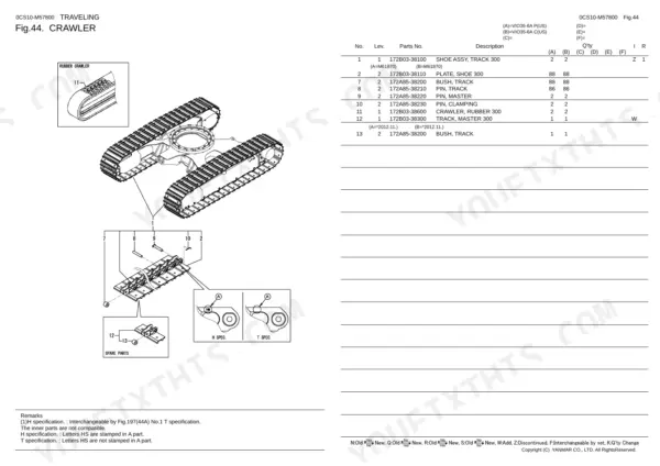 Yanmar VIO35-6A crawler parts diagram and table showing track shoe, bush, pin, and master track components.