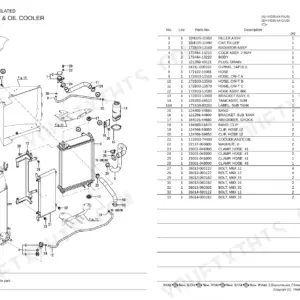 Yanmar VIO35-6A exploded view diagram and parts list for radiator and oil cooler assembly components.