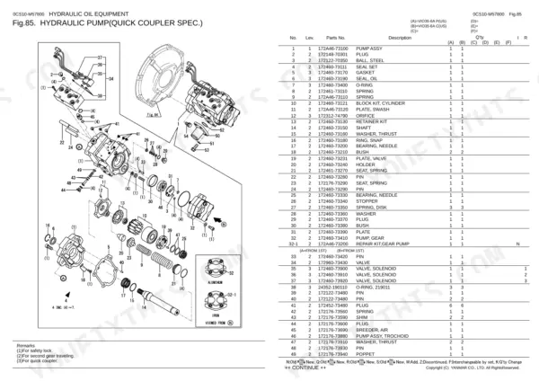Yanmar VIO35-6A exploded view and parts list for hydraulic pump with quick coupler specifications.
