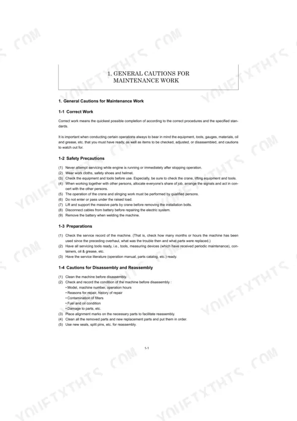 Yanmar ViO38U service manual page detailing general maintenance safety precautions, preparations, and disassembly guidelines.