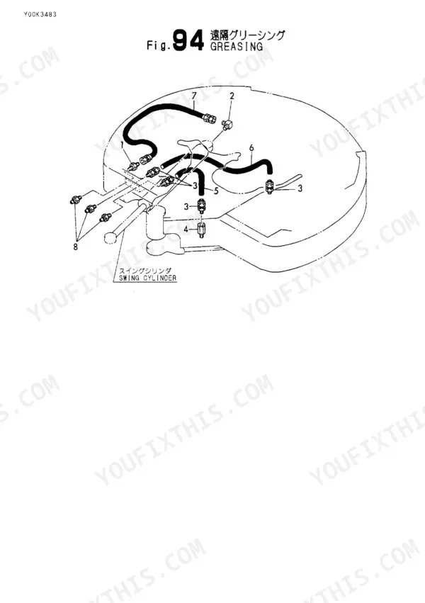 Yanmar Vio40-1 Fig. 94 greasing system exploded view showing swing cylinder grease lines, hoses, and fittings.