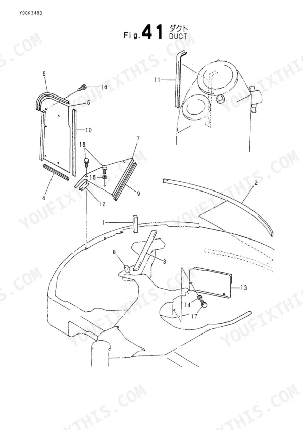 Yanmar Vio40-1 exploded view diagram of duct components, seals, and mounting hardware for the cab assembly.