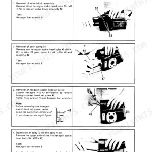 Yanmar ViO40-1 hydraulic equipment disassembly procedure for valve block, gear pump, and body kit separation.