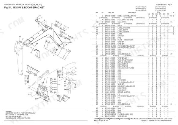 Yanmar Vio40-2, Vio40-2 (C) US, Vio40-2 (P) US, Vio40-2 (C) AS, Vio40-2 (P) AS, Vio40-2 (C) NZ, Vio40-2 (P) NZ, 3TNE88-EBVC exploded view of boom and boom bracket parts list.