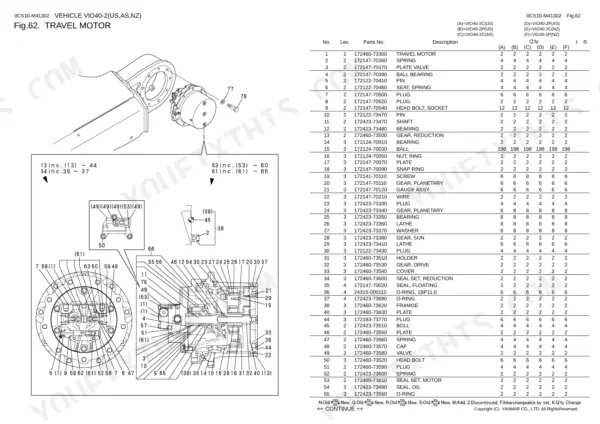 Yanmar Vio40-2, Vio40-2 (C) US, Vio40-2 (P) US, Vio40-2 (C) AS, Vio40-2 (P) AS, Vio40-2 (C) NZ, Vio40-2 (P) NZ, 3TNE88-EBVC travel motor exploded view and parts list.