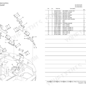 Yanmar VIO40-2 C(JP), VIO40-2 P(JP), VIO40-2 P(EX) engine mount exploded view diagram and parts list table.