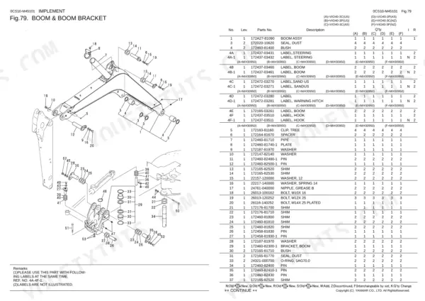 Yanmar Vio40-3, 3TNV88-XBV exploded view diagram and parts list for boom and boom bracket assembly components.