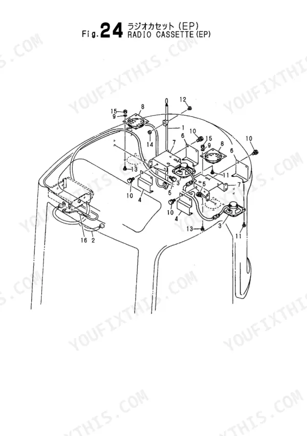 Yanmar VIO40 exploded view diagram of the radio cassette (EP) assembly, showing speakers, antenna, and mounting brackets.