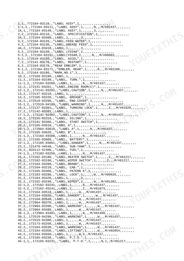 Yanmar VIO40 parts list table detailing decal and label assembly part numbers, descriptions, and quantities.