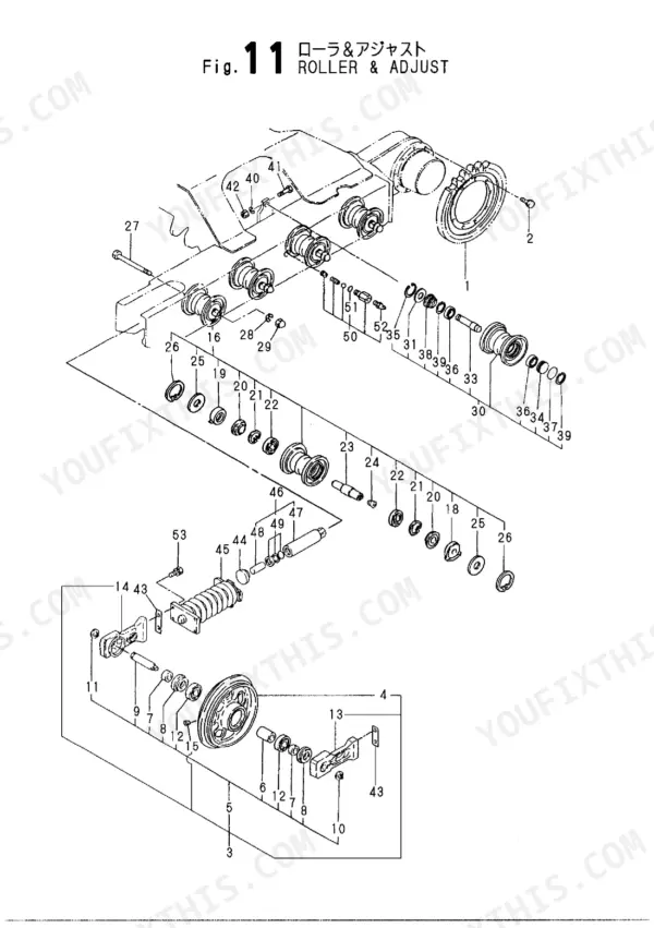 Yanmar VIO40-TW exploded view diagram of the undercarriage roller and track adjuster assembly components.