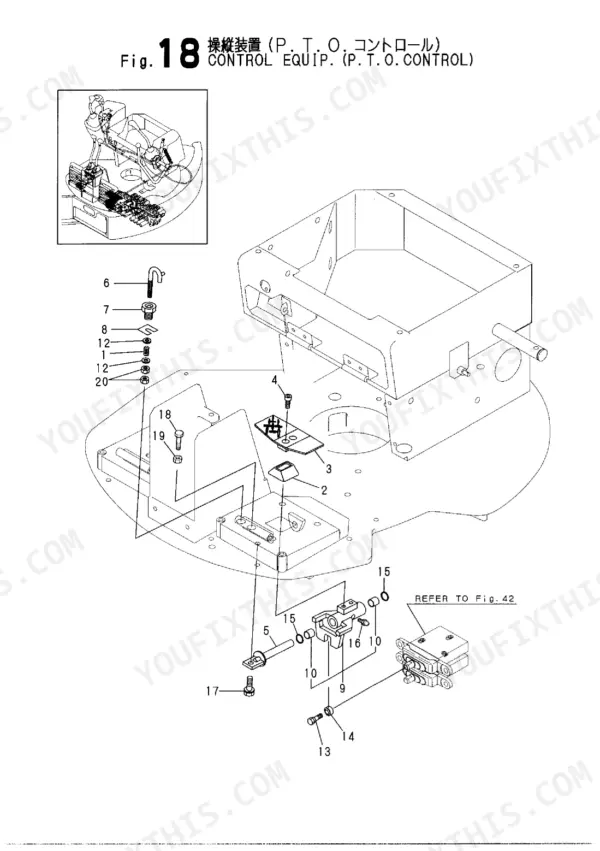Yanmar VIO40-TW exploded view of the PTO control equipment assembly and linkage components.