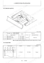 Blade moving device operation diagram and bucket teeth wear limit clearance specification table.