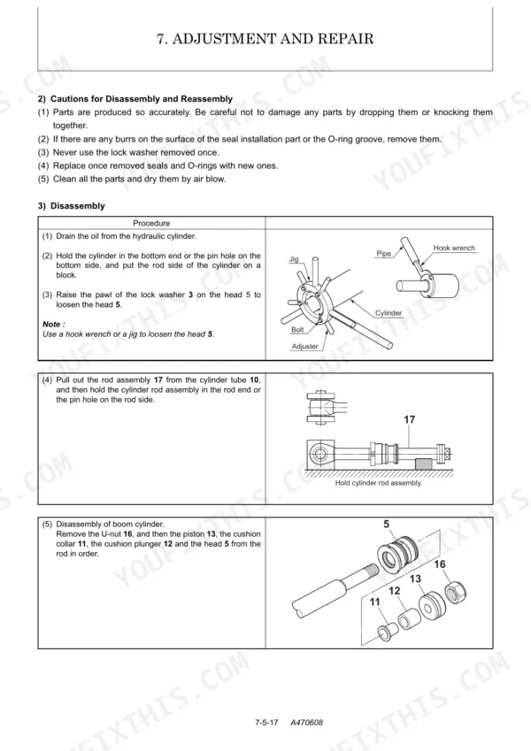 Yanmar ViO45-5, ViO55-5 hydraulic cylinder disassembly procedure, including head removal and rod assembly diagrams.