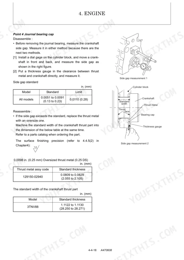 Yanmar ViO45-5, ViO55-5 engine manual: crankshaft journal bearing cap side gap measurement procedures and clearance specifications.