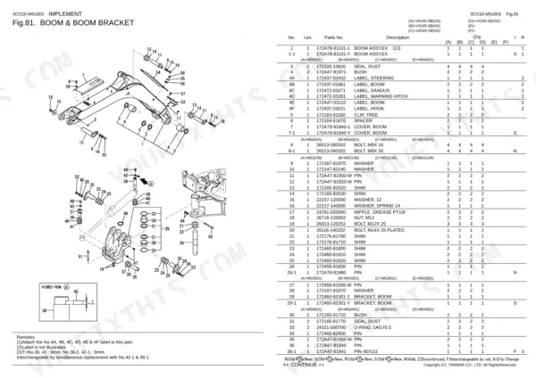 Yanmar Vio45-5B exploded view diagram and parts list for boom and boom bracket assembly components.