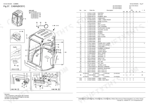 Yanmar Vio45-5B cabin body exploded view diagram and parts list for cab assembly components, mirrors, and door hardware.