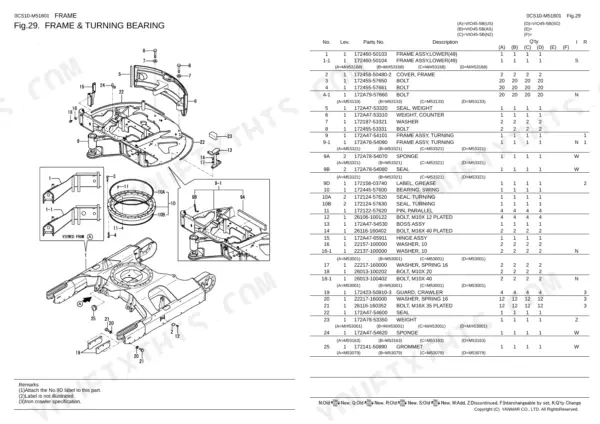 Yanmar Vio45-5B exploded view diagram and parts list for the frame and turning bearing assembly components.