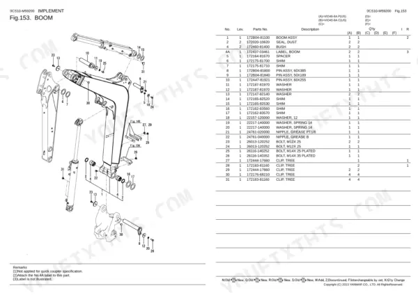 Yanmar VIO45-6A boom assembly exploded view diagram and parts list with pins, washers, and grease nipples.