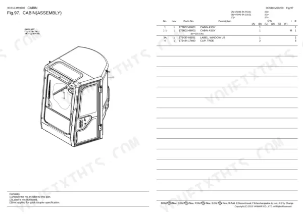 Yanmar VIO45-6A cabin assembly exploded view diagram and parts list including window labels and clips.