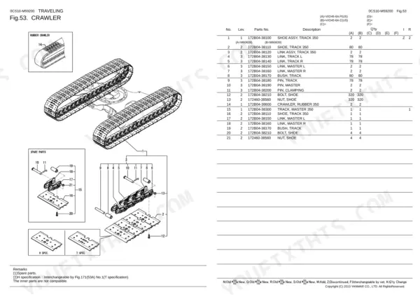 Yanmar VIO45-6A crawler parts diagram showing track shoe, link, pin, and bolt assembly with corresponding parts list table.