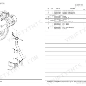Yanmar VIO45-6A muffler exploded view diagram and parts list for exhaust pipe, brackets, clamps, and hardware.