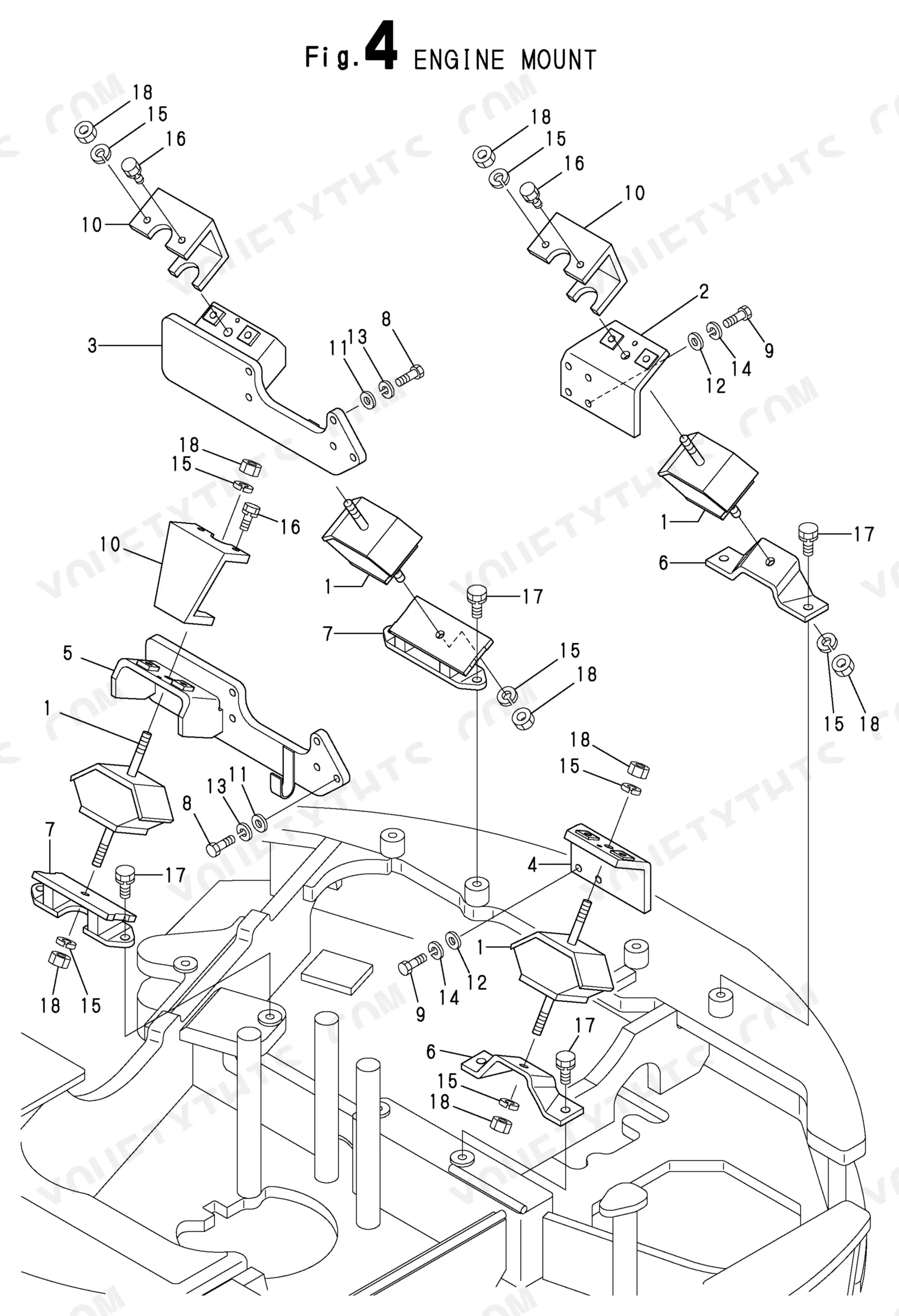 Yanmar ViO45 exploded view diagram of engine mount components, brackets, bolts, and hardware assembly.