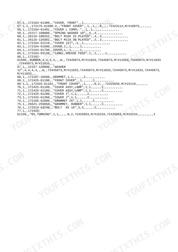 Yanmar VIO50-1 parts list table showing covers, bolts, washers, grommets, and lamp assemblies with part numbers.
