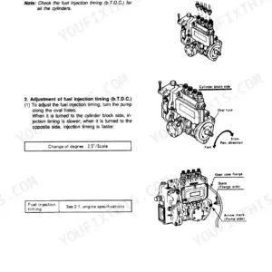 Yanmar ViO50-1 engine fuel injection timing adjustment procedure and pump diagrams showing oval holes and scale marks.