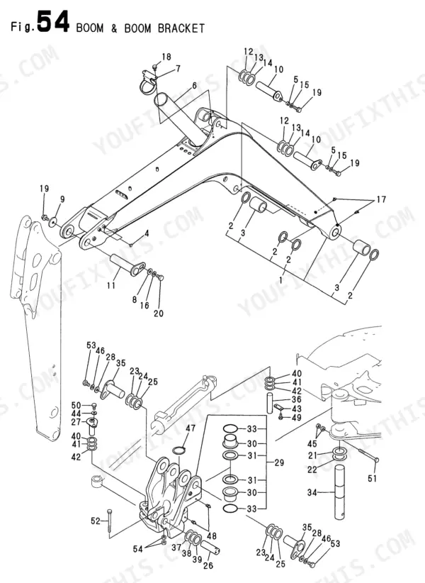 Yanmar Vio50-2, Vio50-2 (EP), 4TNE88-EBVC exploded view diagram of the boom and boom bracket assembly components.