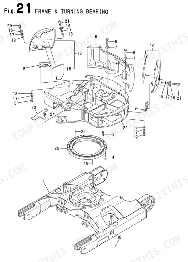 Yanmar Vio50-2, Vio50-2 (EP), 4TNE88-EBVC exploded view of frame and turning bearing assembly components.