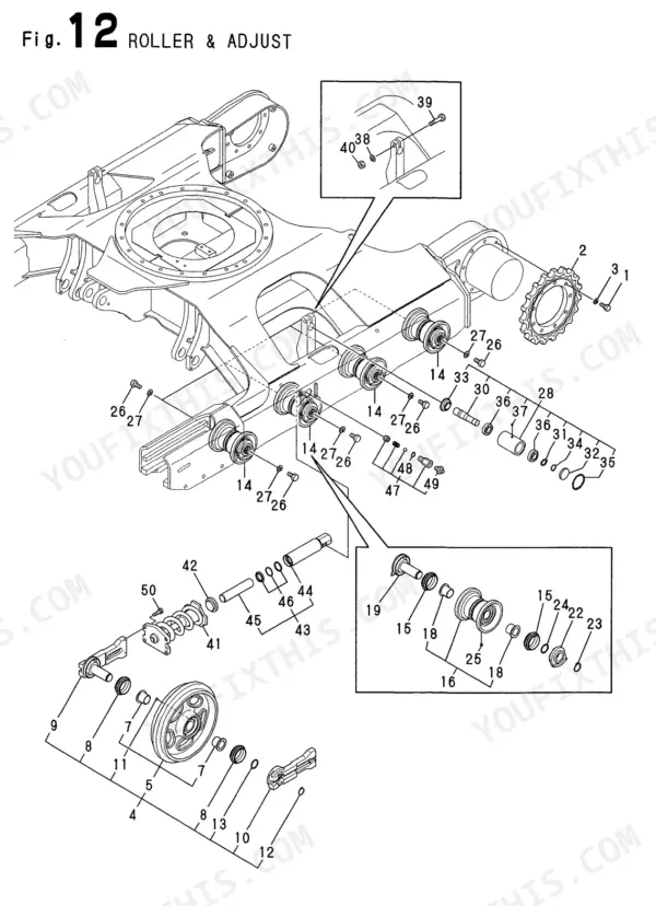 Yanmar Vio50-2, Vio50-2 (EP), 4TNE88-EBVC exploded view of undercarriage track roller and adjuster components.