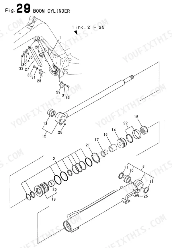 Yanmar Vio50-2, Vio50-2 (EP), 4TNE88-EBVC exploded view diagram of the boom cylinder assembly and component parts.