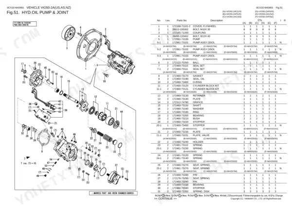 Yanmar ViO50-2A parts catalog — hydraulic oil pump
