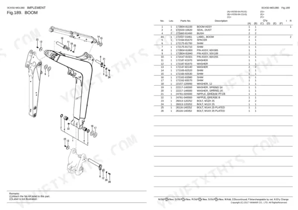 Yanmar VIO50-6A exploded view parts diagram for boom assembly, including pins, bushings, washers, and grease nipples.