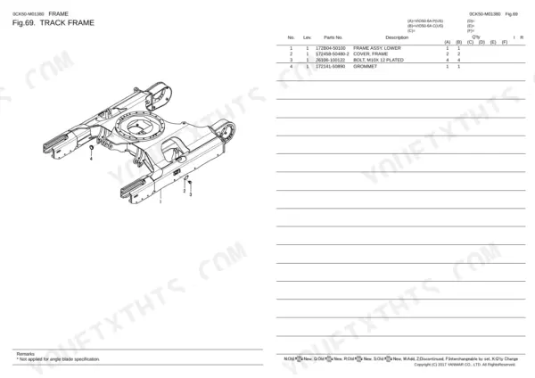 Yanmar VIO50-6A track frame exploded view diagram and parts list including frame assembly, cover, bolt, and grommet.
