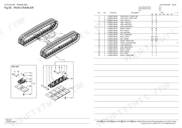 Yanmar VIO50-6A iron crawler parts diagram and list showing track shoe, link, bush, and pin components.