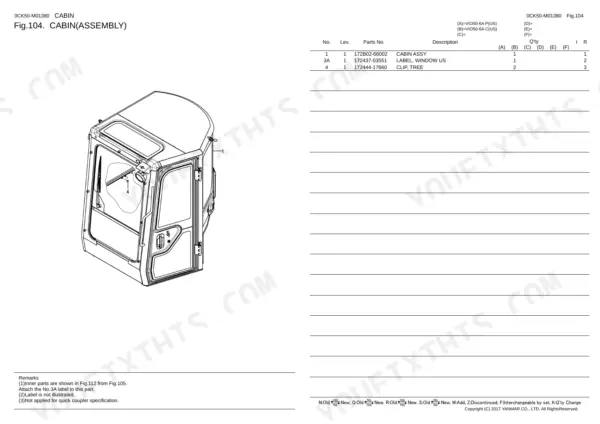 Yanmar VIO50-6A cabin assembly exploded view diagram and parts list for window labels and clips.