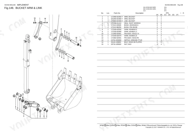 Yanmar VIO50-6B exploded view of bucket arm and link assembly with parts list including pins, bushings, and shims.