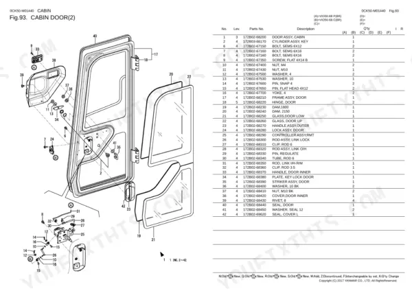 Yanmar VIO50-6B exploded view diagram and parts list for cabin door assembly components, hinges, glass, and locking mechanism.