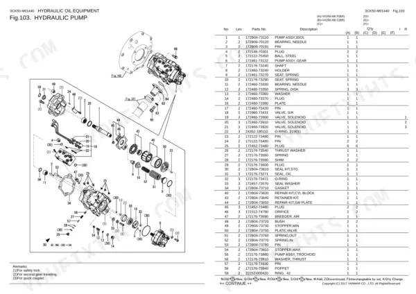 Yanmar VIO50-6B hydraulic pump exploded view diagram and parts list with component reference numbers 1 through 59.
