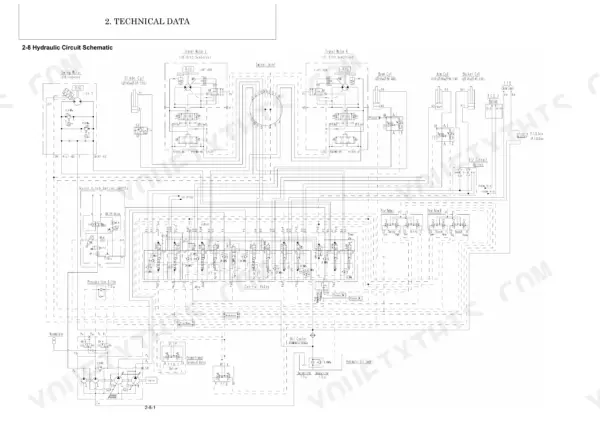 Yanmar ViO50-6B, Vi050-6B hydraulic circuit schematic showing control valve, travel motors, cylinders, and pilot valves.