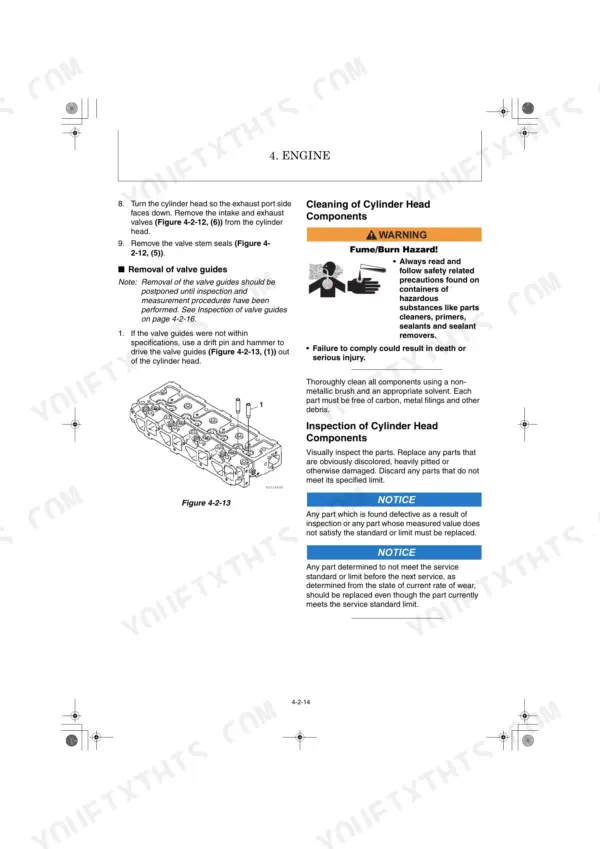 Yanmar ViO50-6B, Vi050-6B engine cylinder head component cleaning, inspection, and valve guide removal procedures.