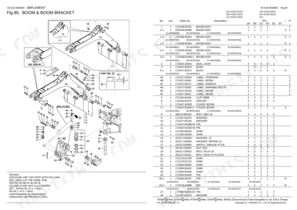 Yanmar Vio55-5 exploded view diagram and parts list for the boom and boom bracket assembly components.